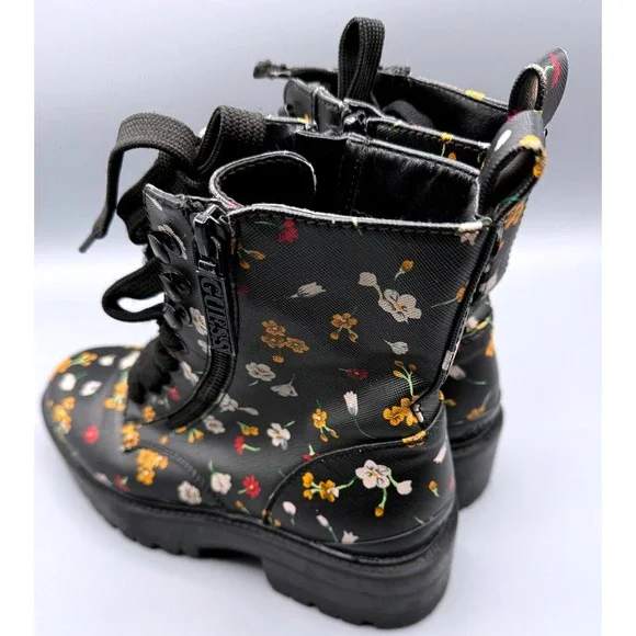 Guess Fearne Womens Black Floral Combat Boots Side Zip Lug Sole GWFEARNE Size 6M - Picture 2 of 15